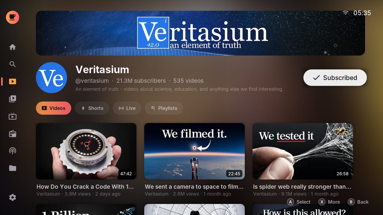 A YouTube channel page with the Subscribed button and a grid of videos