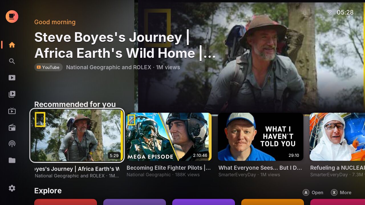 The CoffeeFlix home screen: a featured video with recommendations below it