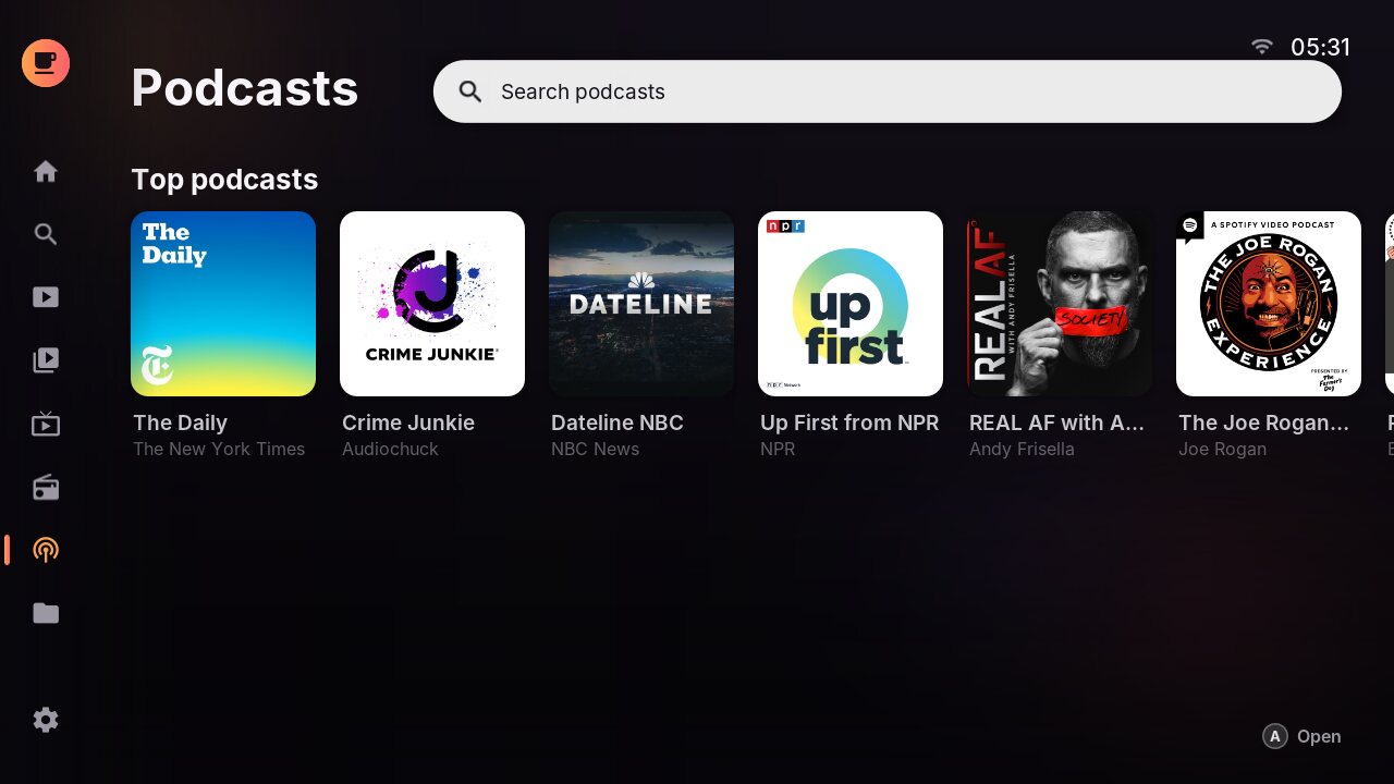 Podcasts tab with the top shows