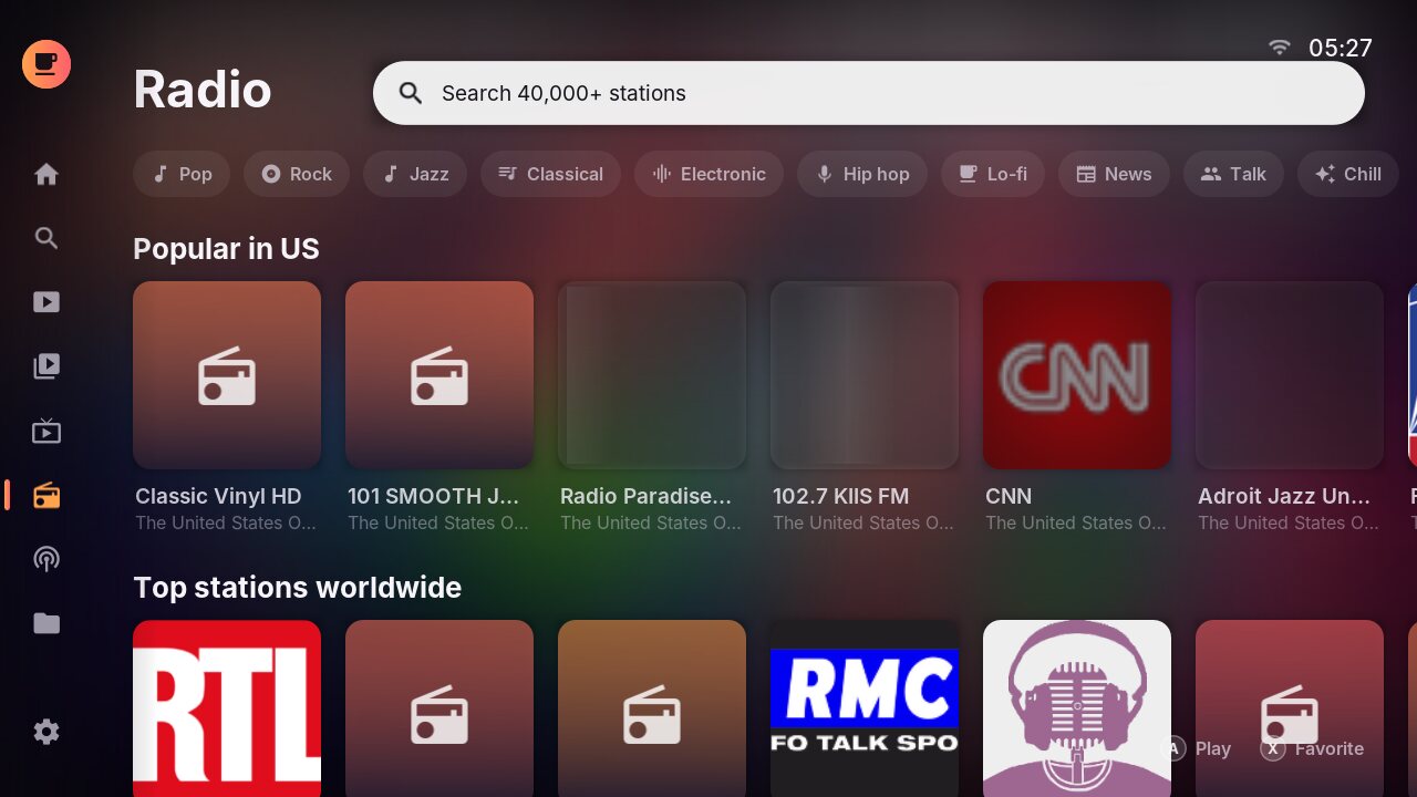 Radio tab with genres and popular stations