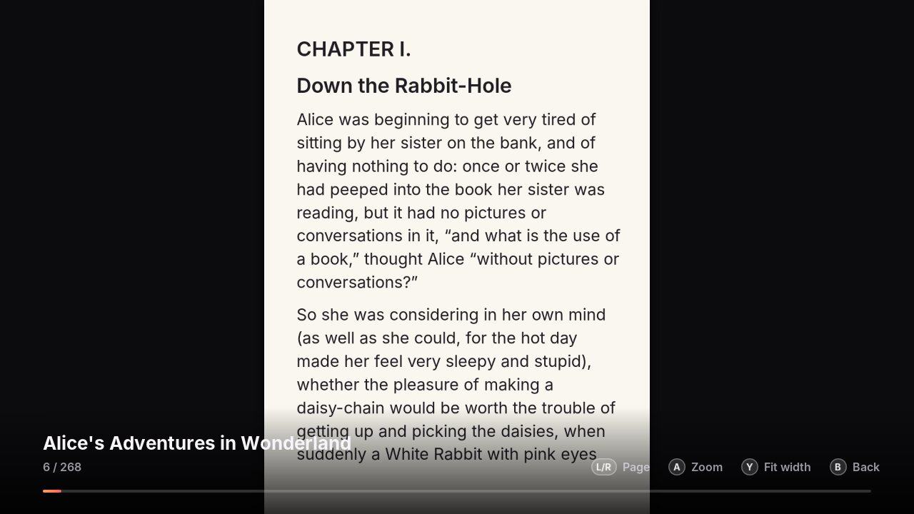 The book reader showing chapter one of Alice's Adventures in Wonderland