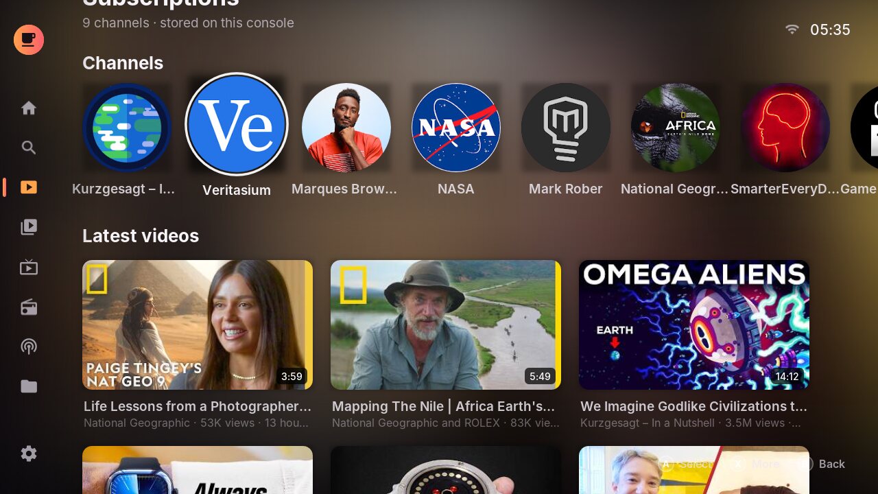Subscriptions page with channel avatars and the latest videos