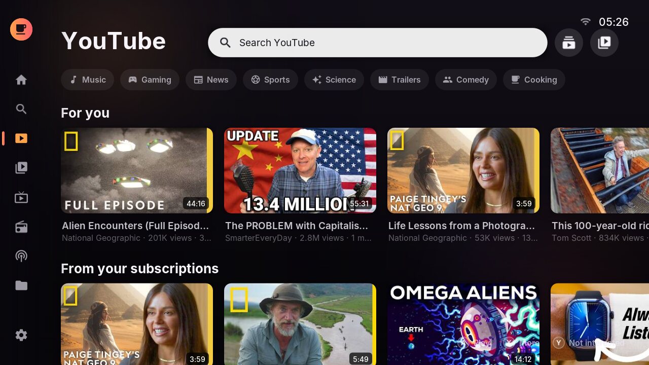YouTube tab with the For you feed and videos from subscriptions
